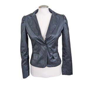 H&M One Button Blazer Womens 6 Gray Shiny Jacket Pinstripe Puff Sleeve Pockets